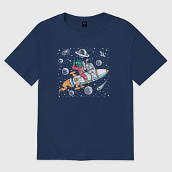 Футболка оверсайз женская Космонавт и пришелец на ракете, цвет: тёмно-синий