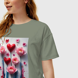 Футболка оверсайз женская Композиция цветов и сердечек, цвет: авокадо — фото 2