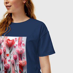 Футболка оверсайз женская Композиция из цветов и сердечек, цвет: тёмно-синий — фото 2