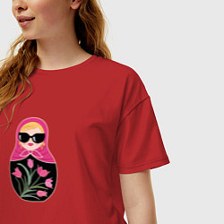 Футболка оверсайз женская Матрёшка с розовыми тюльпанами, цвет: красный — фото 2