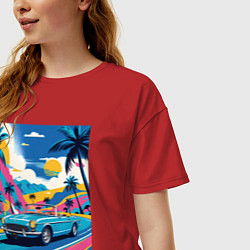 Футболка оверсайз женская Кабриолет едет по тропическому острову, цвет: красный — фото 2