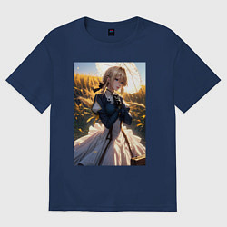Футболка оверсайз женская Вайолет Эвергарден на поле пшеницы, цвет: тёмно-синий