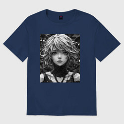 Футболка оверсайз женская Аниме портрет девушки в черно-белом цвете, цвет: тёмно-синий