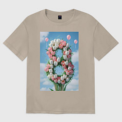 Футболка оверсайз женская Тюльпаны к 8 марта, цвет: миндальный