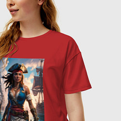 Футболка оверсайз женская Пиратка на фона флотилии кораблей, цвет: красный — фото 2