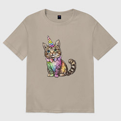 Женская футболка оверсайз Праздничный котик в колпаке единорога