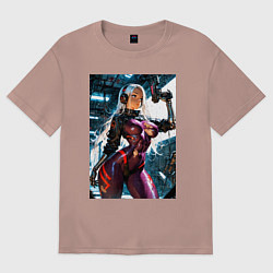 Футболка оверсайз женская Девушка с оружием в киберпанк стиле, цвет: пыльно-розовый