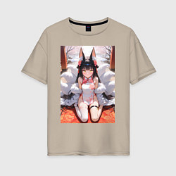 Футболка оверсайз женская Девушка-лиса сидит на веранде, цвет: миндальный