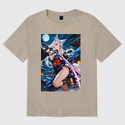 Футболка оверсайз женская Лисица с катаной на фоне полной Луны, цвет: миндальный