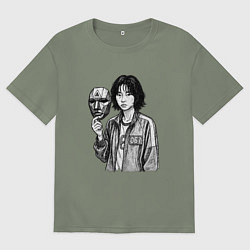 Футболка оверсайз женская Игра в кальмара 067 с маской, цвет: авокадо