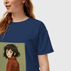 Футболка оверсайз женская Аниме девушка - милая брюнетка с каре, цвет: тёмно-синий — фото 2