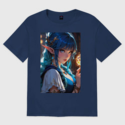Футболка оверсайз женская Прекрасная эльфийка-маг с шаром огня, цвет: тёмно-синий