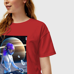 Футболка оверсайз женская Девушка космо DJ с сатурном, цвет: красный — фото 2