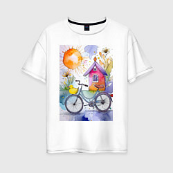 Женская футболка оверсайз Утенок на велосипеде - акварель