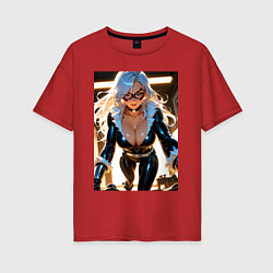 Футболка оверсайз женская Черная кошка в комнате, цвет: красный