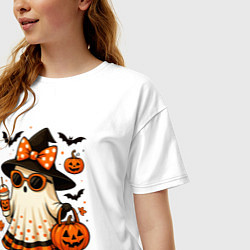 Футболка оверсайз женская Модное привидение с кофе на хэллоуин, цвет: белый — фото 2