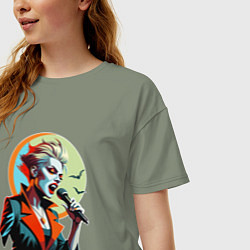 Футболка оверсайз женская Певица рок вампир с микрофоном, цвет: авокадо — фото 2