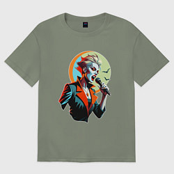 Футболка оверсайз женская Певица рок вампир с микрофоном, цвет: авокадо