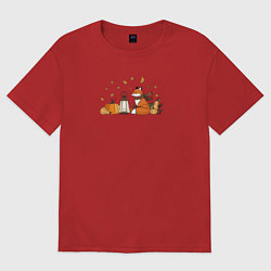 Женская футболка оверсайз Лиса с тыквами и фонарём