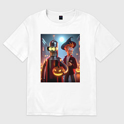 Женская футболка оверсайз Бендер и Фрай в шляпе - ночь на хэллоуин