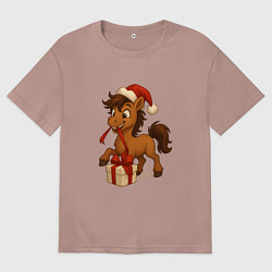 Футболка оверсайз женская Лошадка распаковывает подарок, цвет: пыльно-розовый