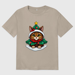 Футболка оверсайз женская Котёнок в наряде новогодней ёлки, цвет: миндальный