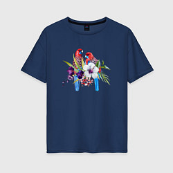 Футболка оверсайз женская Попугаи с цветами, цвет: тёмно-синий
