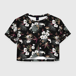 Футболка 3D укороченная женская Белые цветы в темноте, цвет: 3D-принт