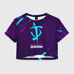 Футболка 3D укороченная женская Символ Doom в неоновых цветах на темном фоне, цвет: 3D-принт
