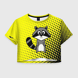 Футболка 3D укороченная женская Енот на желтом фоне с черными пятнами, цвет: 3D-принт
