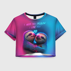 Футболка 3D укороченная женская Влюбленные ленивцы обнимаются на фоне неонового се, цвет: 3D-принт