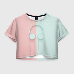 Футболка 3D укороченная женская Наушники цвета морской волны, цвет: 3D-принт