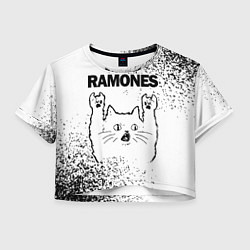 Футболка 3D укороченная женская Ramones рок кот на светлом фоне, цвет: 3D-принт