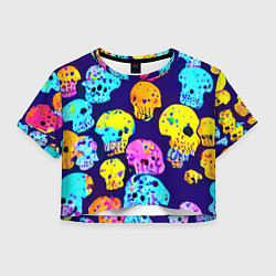 Футболка 3D укороченная женская Паттерн из черепов - поп-арт - иллюзия, цвет: 3D-принт