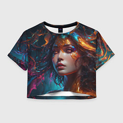 Футболка 3D укороченная женская Фантастическая женщина и брызги краски, цвет: 3D-принт