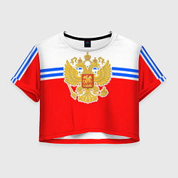 Футболка 3D укороченная женская Герб Российской Федерации - полосы, цвет: 3D-принт