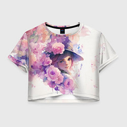 Футболка 3D укороченная женская Девушка в цветочной шляпе, цвет: 3D-принт