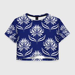 Женский топ Абстрактные белые лотосы на синем - паттерн