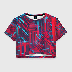 Футболка 3D укороченная женская Киберпанк линии синие и красные, цвет: 3D-принт