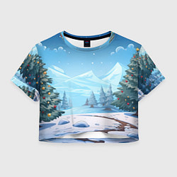 Футболка 3D укороченная женская Новогодний пейзаж с елками, цвет: 3D-принт