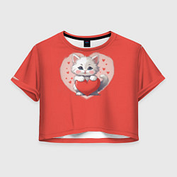 Футболка 3D укороченная женская Мультяшный котенок держит красное сердечко, цвет: 3D-принт