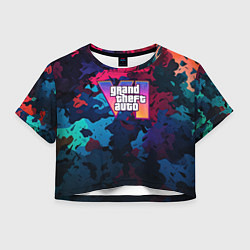 Футболка 3D укороченная женская GTA 6 logo яркий неоновый камуфляжный стиль, цвет: 3D-принт