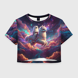 Футболка 3D укороченная женская Космос и кот едет верхом на альпаке, цвет: 3D-принт