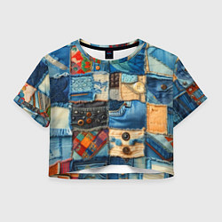 Футболка 3D укороченная женская Vanguard denim patchwork - ai art, цвет: 3D-принт