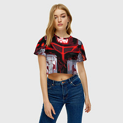 Футболка 3D укороченная женская Red stripes on a black and white background, цвет: 3D-принт — фото 2
