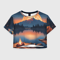 Футболка 3D укороченная женская Костер на берегу озера, цвет: 3D-принт