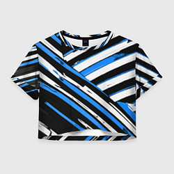Футболка 3D укороченная женская Бело-синие диагональные полосы на чёрном фоне, цвет: 3D-принт