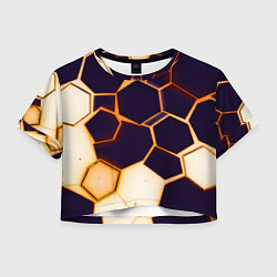 Футболка 3D укороченная женская Чёрные шестиугольники на чёрном фоне, цвет: 3D-принт