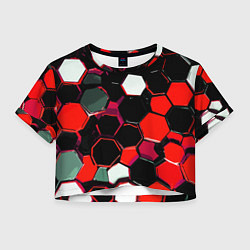 Футболка 3D укороченная женская Красно-белые шестиугольники на чёрном фоне, цвет: 3D-принт