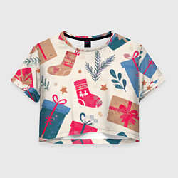 Футболка 3D укороченная женская Новогодняя атмосфера, цвет: 3D-принт